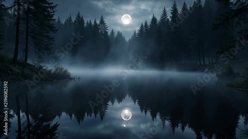 Misty forest lake under full moon with dark pine trees and calm water reflection at night