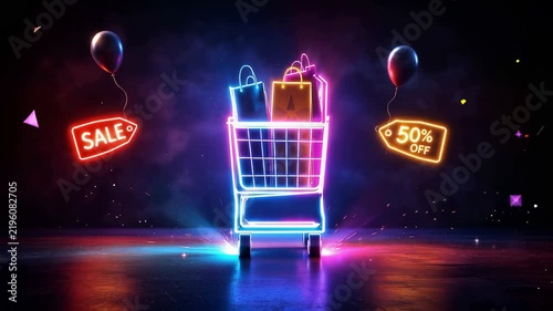 Neon shopping cart with sale signs and gift box glowing in dark retail discount scene