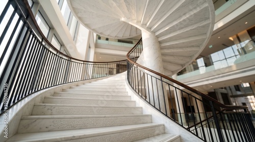 Modern spiral staircase with marble steps and black metal railings in a bright building lobby