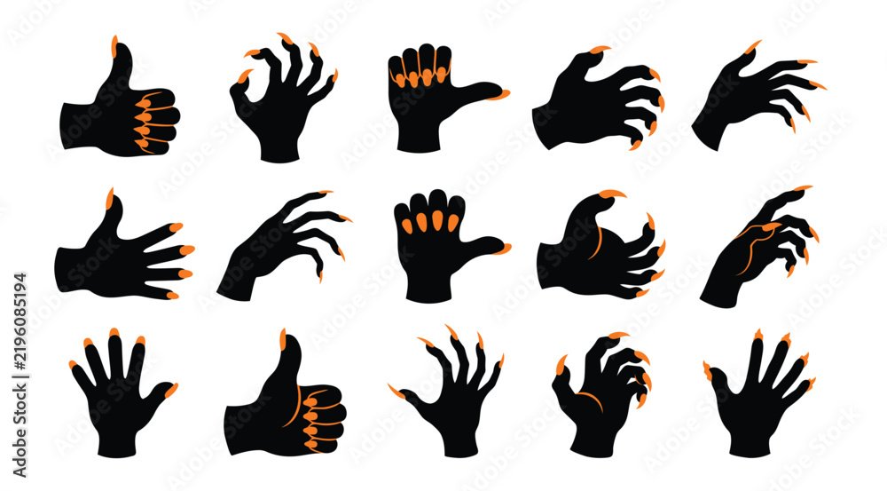 Fototapeta premium Set of scary monster hands with sharp orange nails