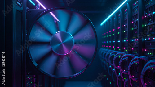 High-speed data center cooling fan spinning in neon-lit server rack