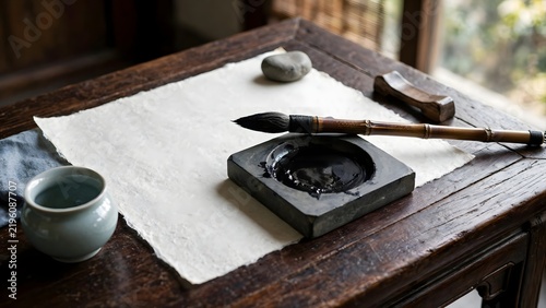 Traditional Chinese calligraphy tools create an elegant cultural writing workspace