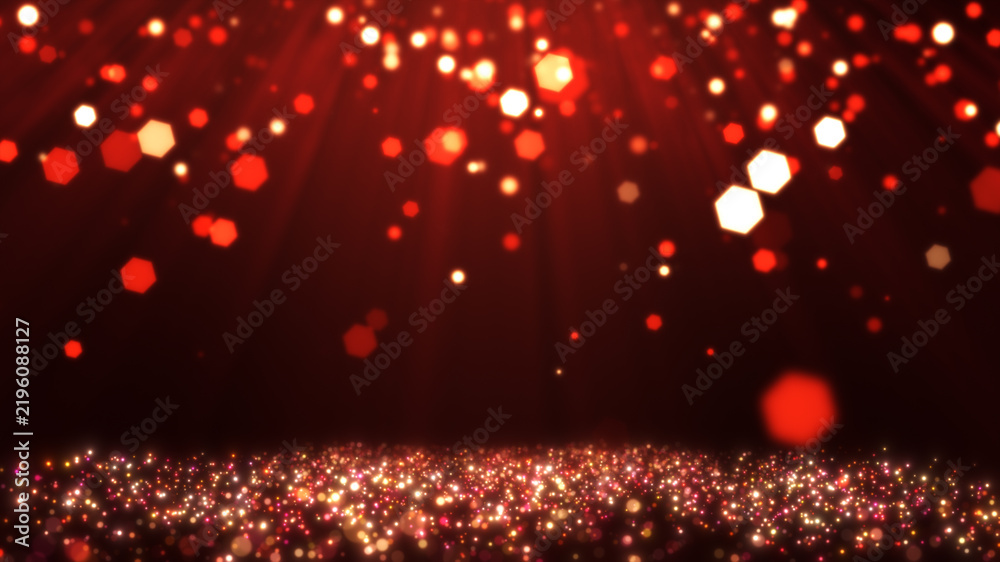 Obraz premium Red and gold particle wave animation with magical light rays for luxury stage background.