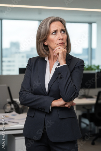 Mature female ceo executive thinking on leadership question, feeling doubt