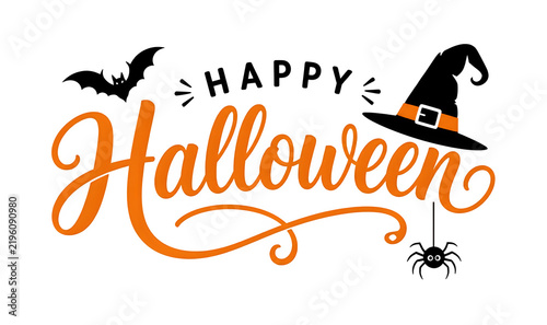 Happy Halloween typography poster featuring handwritten calligraphy text, set against a clean white background. Vector Illustration
