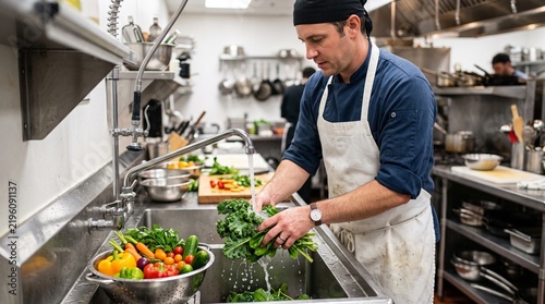 Chef washing fresh vegetables in a professional kitchen sink