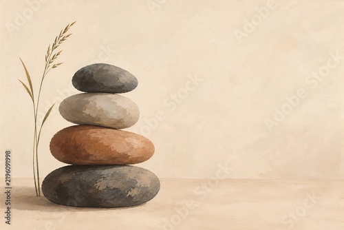 Balanced Zen Stones with Grass on Minimal Background