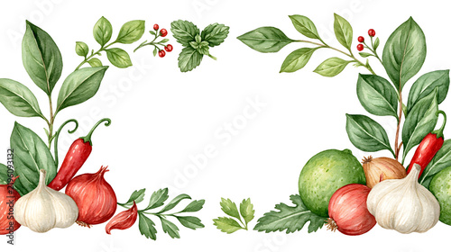 Watercolor culinary herb and vegetable frame with garlic, onions and chili peppers