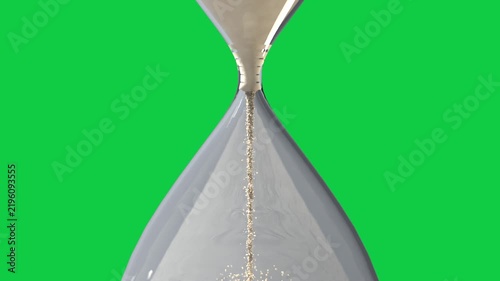 Flip starting hourglass, glass timer pouring sand into rising mound, measuring time, transparent bg