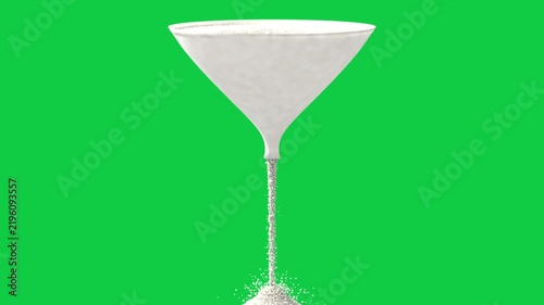 Funnel emptying, releasing sand, stream narrowing into column, pile forming cone on transparent bg