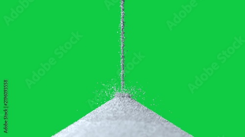 Stream release causing grains falling, hitting cone, building pile and scattering on transparent bg