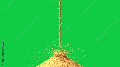 Gold beads stream falling striking conical mound launching arcs forming pile on transparent layer