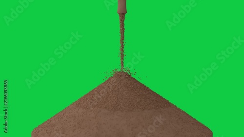 Spout opening starting sand flowing from funnel into cone pile, camera zooming transparent bg