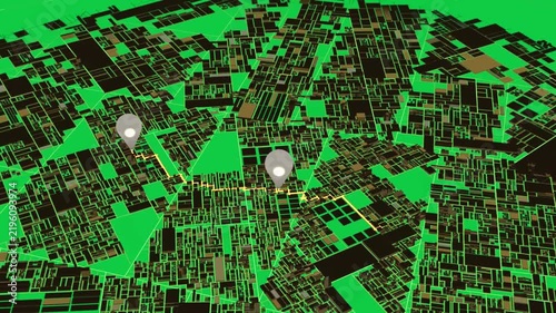 By camera tilt, gold grid shifting, three pins appearing to mark nodes on transparent bg