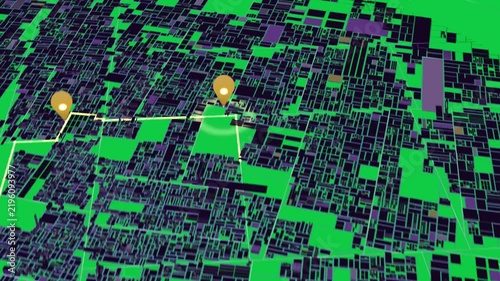 Gold pin popping linking pins into yellow line camera zooming out showing route on transparent grid