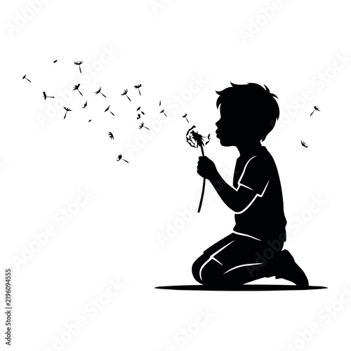 Boy Blowing Dandelion seeds silhouette