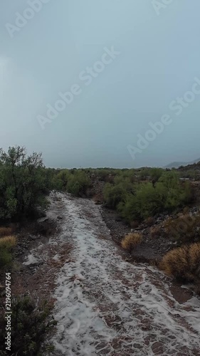 Vertical Panning View Of Fast Flowing Desert Wash After  Heavy Monsoon Rains In Arizona