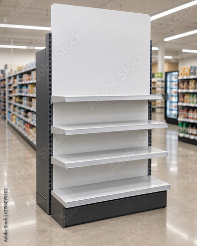 Empty retail endcap display mockup in supermarket aisle