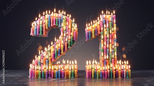 Happy birthday funny number twenty one made of lit colorful candles
