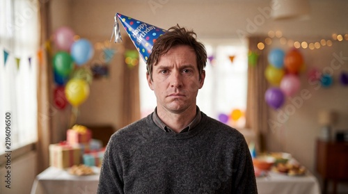 Happy birthday funny concept of sad man wearing party hat