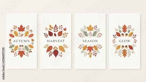 Four vertical autumn cards featuring watercolor of leaves, acorns, and seasonal text on a light cream background, for invitations