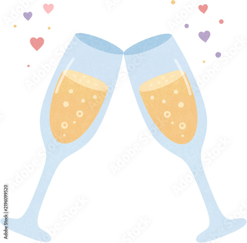 Clinking champagne glasses with heart confetti vector illustration
