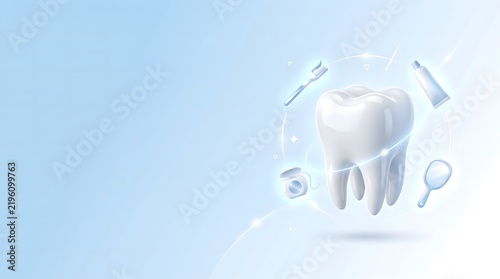 Soft 3D white molar floats among dental care tools with wide blue copy space, suited to oral health campaigns, clinic banners, insurance content and dental service promotions.