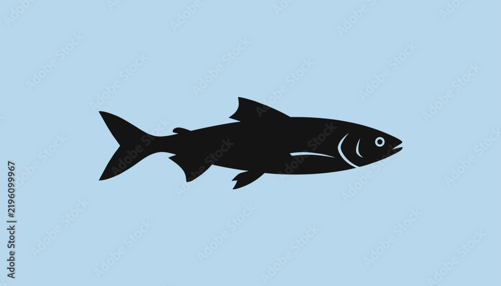 Fototapeta premium Silhouette of a salmon swimming gracefully isolated on a calm light blue background representing marine life.