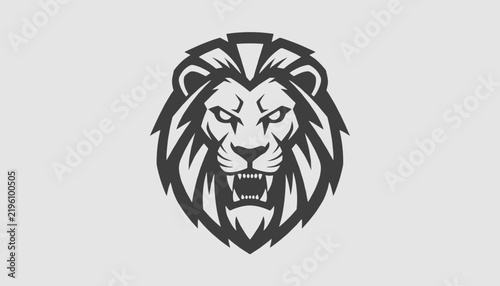 Fierce roaring lion head mascot with a detailed mane depicted as a powerful athletic team logo on a grey background.