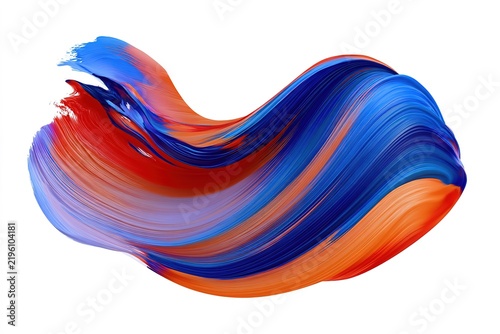 Dynamic blue and orange acrylic paint swirl creating vibrant fluid wave on white background art.