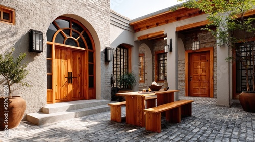 Courtyard Oasis: A charming courtyard featuring natural stone paving, rustic wooden furniture, and arched doorways, offering a tranquil retreat with a touch of Mediterranean allure.