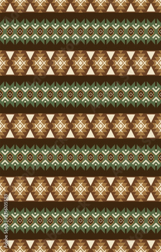 Kilim Aztec Geometric Seamless Pattern in Dark Brown and Sage Green