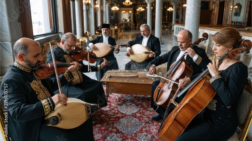 Ensemble of Musicians Performing Traditional Music: A group of musicians in traditional attire playing stringed instruments in a richly decorated hall, captivating with their harmonious performance.