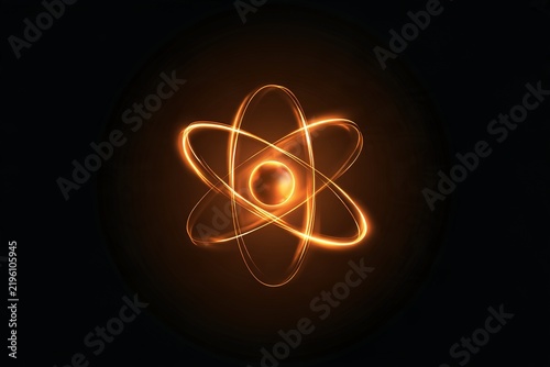 Orange glowing atomic structure with spherical core symbolizes energy and scientific discovery.