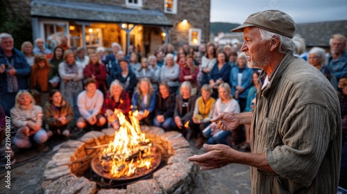 Elderly storyteller by campfire: An elder man with a weathered face and cap tells a story to a diverse group of people gathered around a crackling campfire, creating a warm and communal atmosphere.