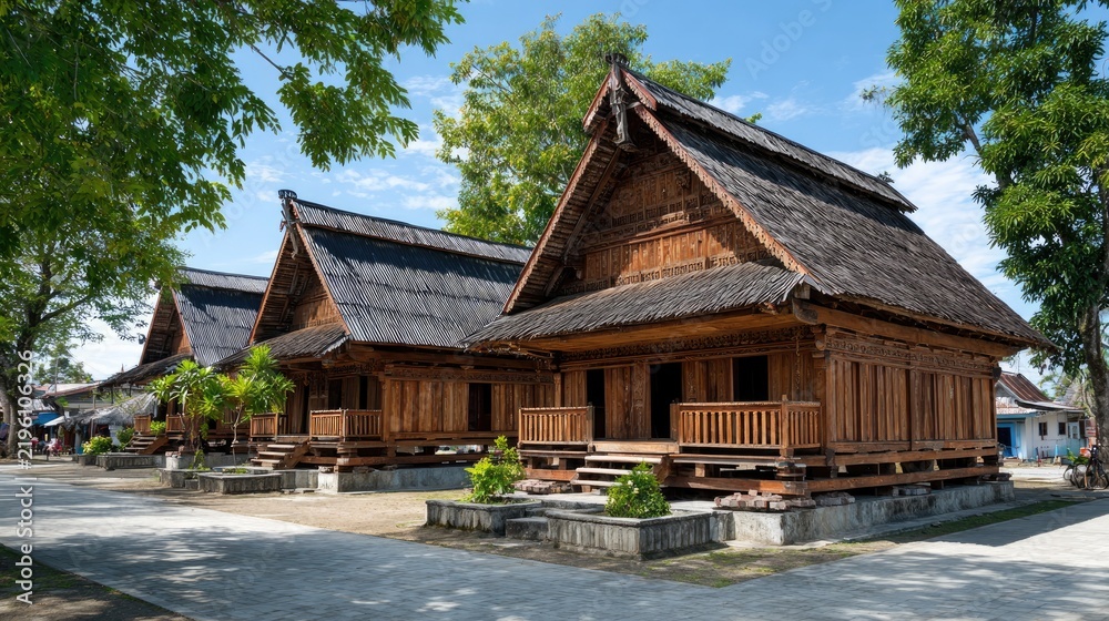 Fototapeta premium Traditional Wooden Houses: A row of charming traditional wooden houses with distinct pitched roofs and intricate carvings stand proudly under a clear blue sky.