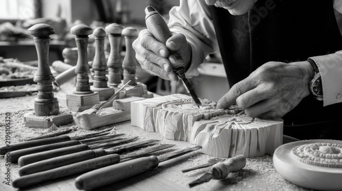 Woodworking Craftsmanship: A close-up, black and white shot showcases a skilled artisan meticulously carving wood with chisels and various woodworking tools, surrounded by wood shavings.