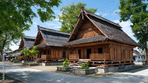 Traditional Wooden Houses: A row of charming traditional wooden houses with distinct pitched roofs and intricate carvings stand proudly under a clear blue sky.