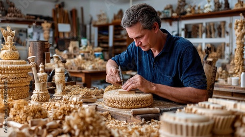 Artisan Woodworking: A skilled craftsman meticulously carves intricate details into a wooden masterpiece, surrounded by wood shavings and his creative works.