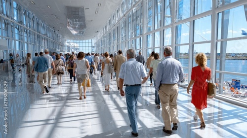 A Bustling Airport Terminal: A concourse filled with travelers walking towards their destinations under a bright, sunlit sky, offering a sense of movement and connection.