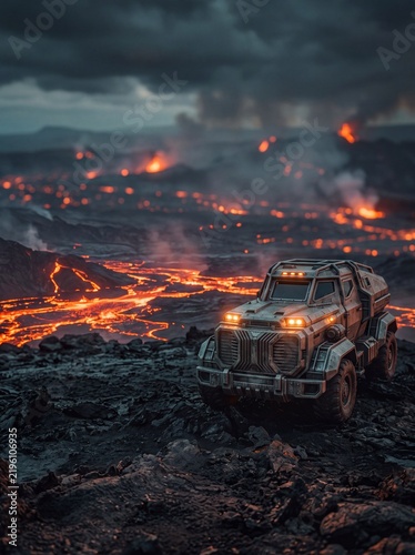 Futuristic armored cargo rover exploring a hostile volcanic planet with flowing lava and smoke under a dark dramatic sky