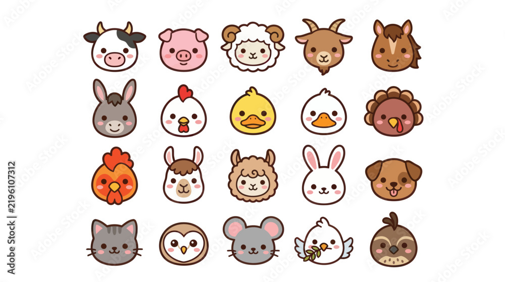 Obraz premium Collection of cute farm animal faces icons