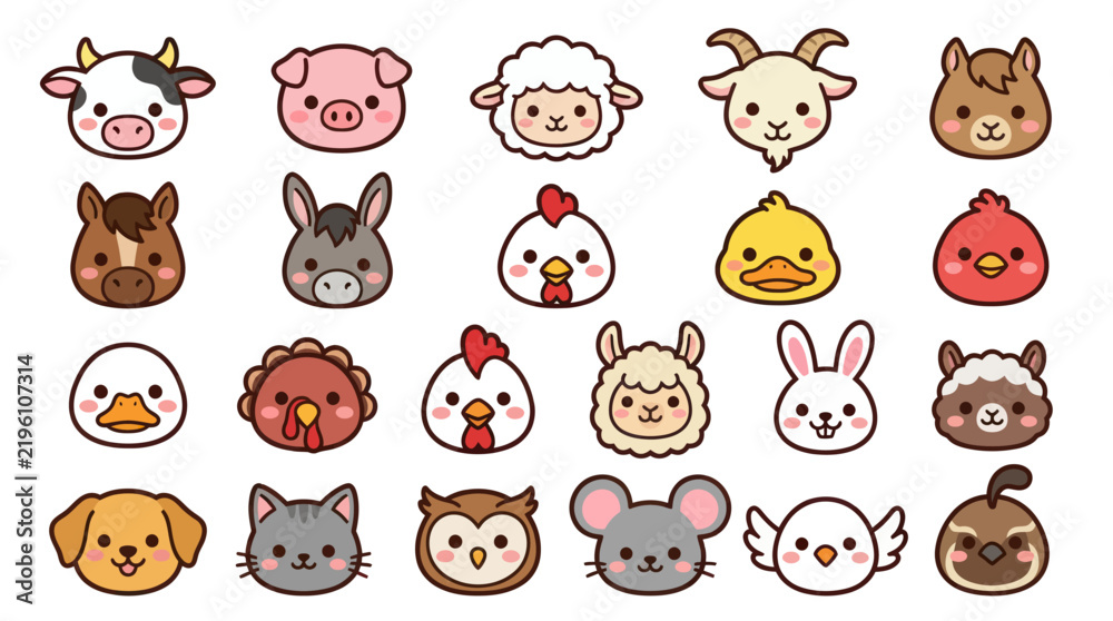 Obraz premium Collection of cute farm animal faces icons