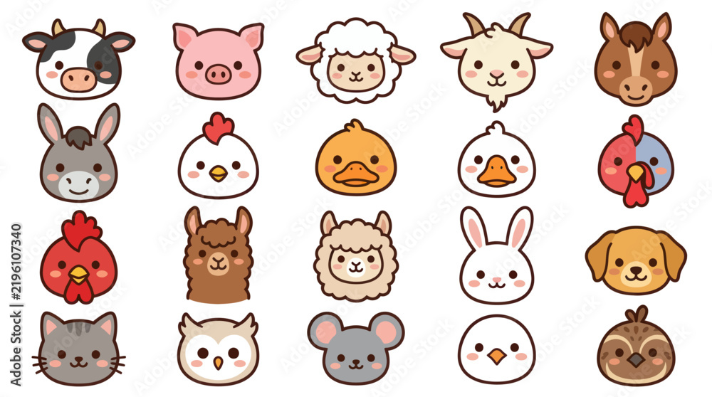 Fototapeta premium Collection of cute farm animal faces icons