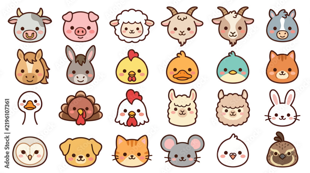 Obraz premium Collection of cute farm animal faces icons