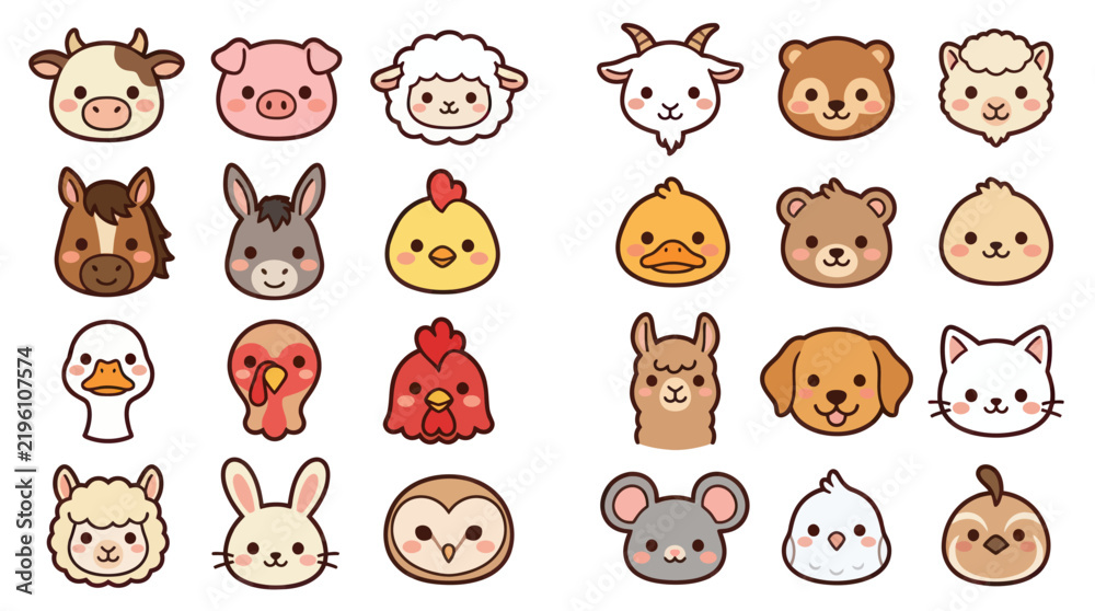 Obraz premium Collection of cute farm animal icons