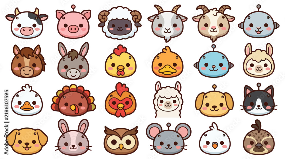 Obraz premium Collection of cute farm animal icons