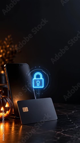 Smartphone and credit card protected by digital lock, payment security concept with copy space