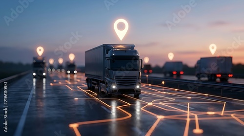 Fleet of smart cargo trucks driving on highway with illuminated digital map routes and location pins above vehicles during sunset for logistics concept.
