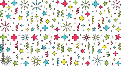 Festive Colorful Seamless Pattern Background with Stars Sparkles Confetti and Party Streamers for Birthday Celebrations and Holiday Wallpaper Vector Designs